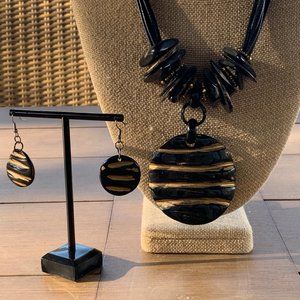 Black Leather Strands 13in necklace ornamental circles with Gold Stripe Earrings